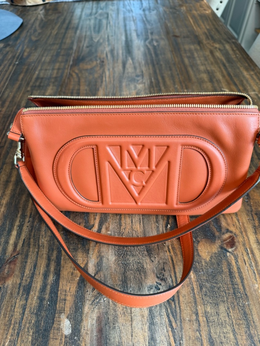 MCM Terracotta Orange Leather Shoulder Bag with Embossed Logo